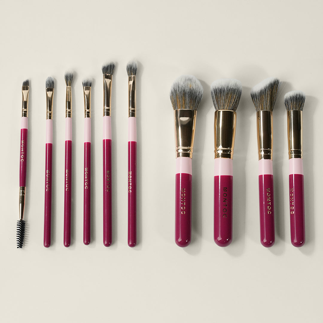 Kit de brochas Fluffy: Brochas de maquillaje para rostro y ojos – vista lateral y mango ergonómico, set de brochas de maquill