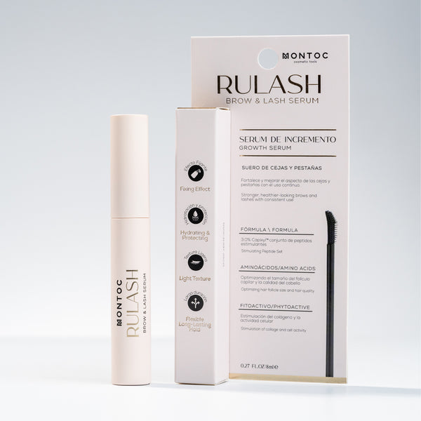 Serum de crecimiento para cejas y pestañas Rulash en envase blanco, fórmula nutritiva para fortalecer y alargar cejas y pestañas