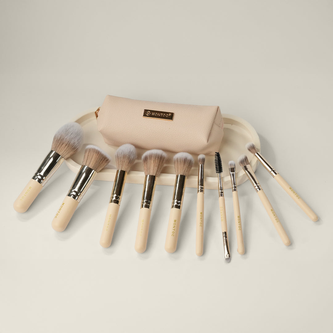 Kit mini brochas viajero nude – estuche organizador incluido, set de brochas de maquillaje cruelty-free Montoc